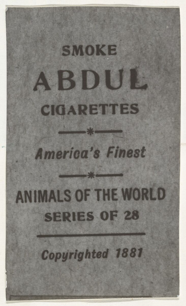 Facsimile of card verso from the Animals of the World series (T180), issued by Abdul Cigarettes, Issued by Abdul Cigarettes (American), Commercial color lithograph 