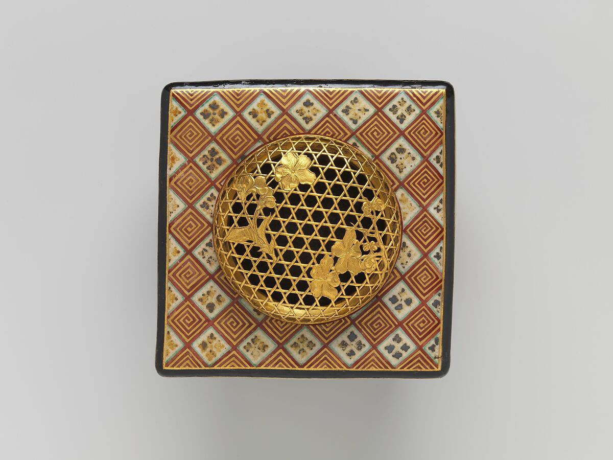 Ninsei-style Incense Burner with Flowers of the Four Seasons, Workshop of Nonomura Ninsei (Japanese, active ca. 1646–94), Stoneware with polychrome overglaze enamels and gold; openwork gilt-bronze cover (Kyoto ware), Japan