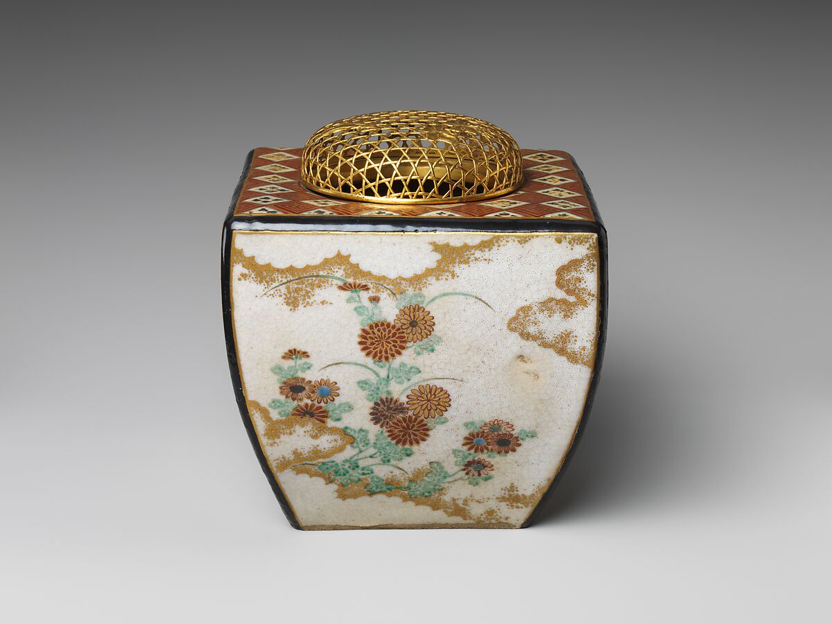 Ninsei-style Incense Burner with Flowers of the Four Seasons, Workshop of Nonomura Ninsei (Japanese, active ca. 1646–94), Stoneware with polychrome overglaze enamels and gold; openwork gilt-bronze cover (Kyoto ware), Japan