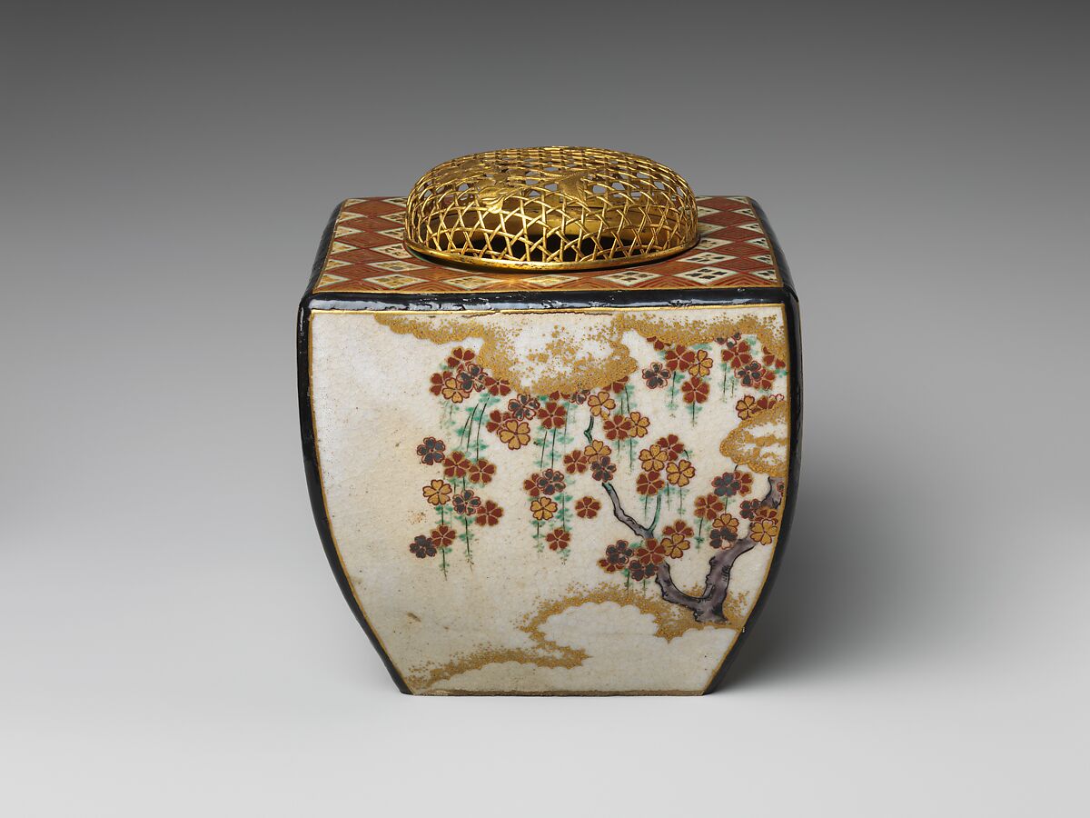 Ninsei-style Incense Burner with Flowers of the Four Seasons, Workshop of Nonomura Ninsei (Japanese, active ca. 1646–94), Stoneware with polychrome overglaze enamels and gold; openwork gilt-bronze cover (Kyoto ware), Japan