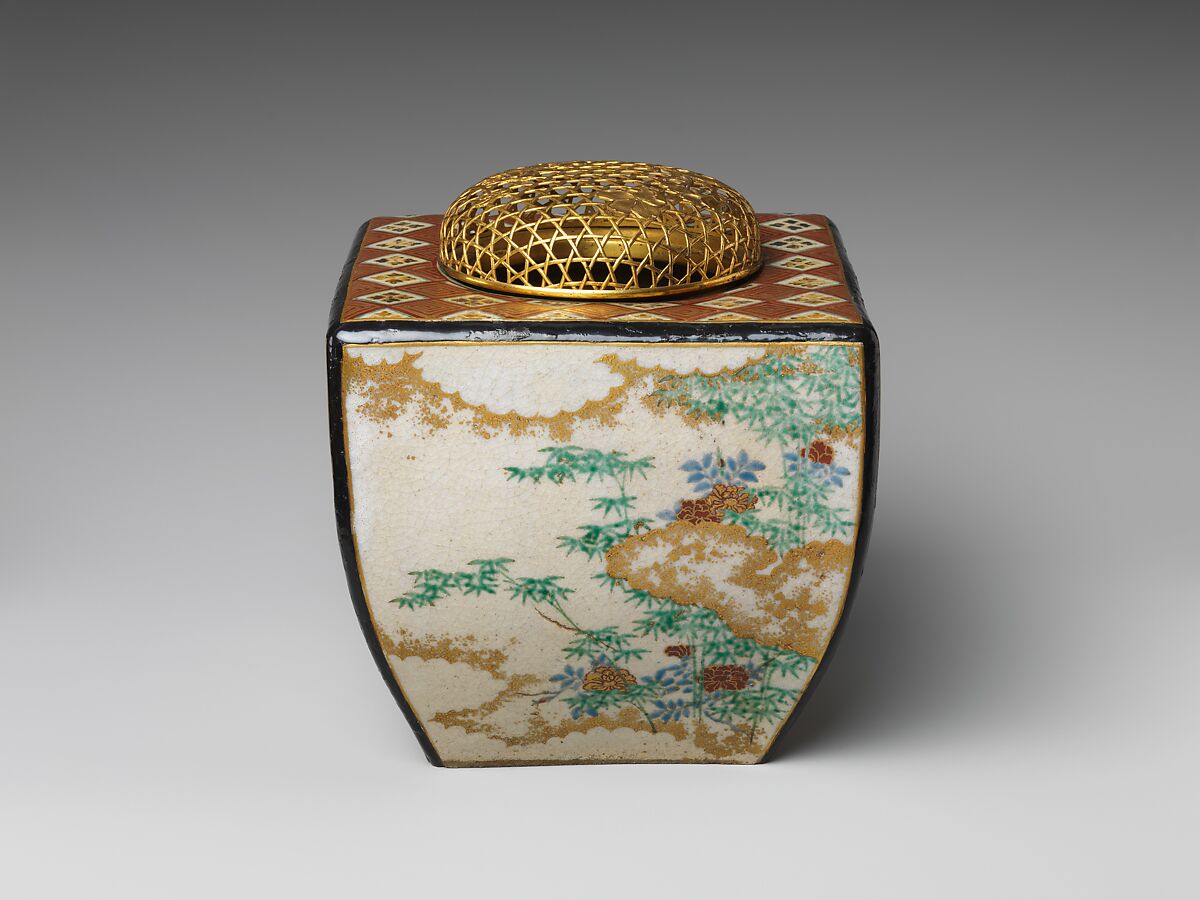 Ninsei-style Incense Burner with Flowers of the Four Seasons, Workshop of Nonomura Ninsei (Japanese, active ca. 1646–94), Stoneware with polychrome overglaze enamels and gold; openwork gilt-bronze cover (Kyoto ware), Japan