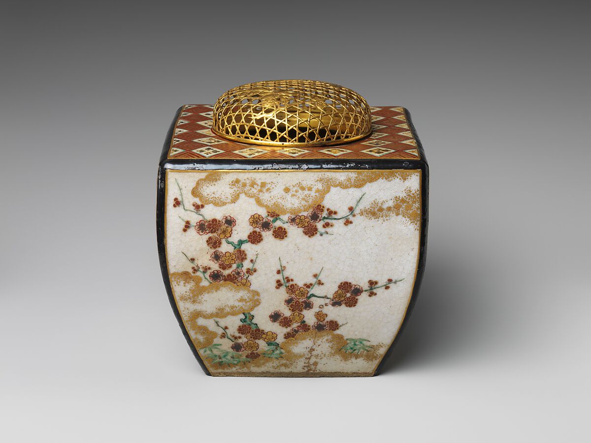Ninsei-style Incense Burner with Flowers of the Four Seasons, Workshop of Nonomura Ninsei (Japanese, active ca. 1646–94), Stoneware with polychrome overglaze enamels and gold; openwork gilt-bronze cover (Kyoto ware), Japan