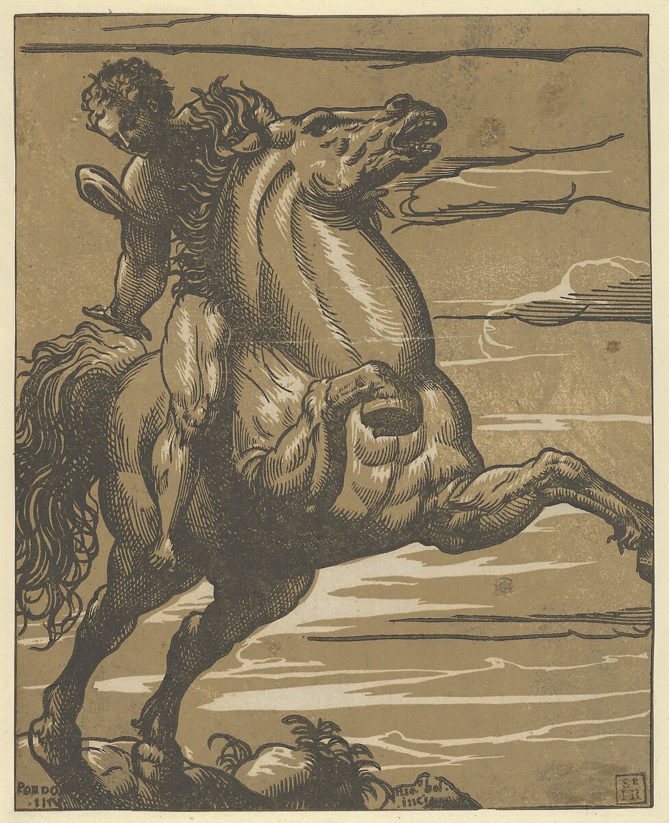 Leaping Horseman (Marcus Curtius), Nicolò Boldrini (Italian, Vicenza ca. 1500–after 1566 Venice), Chiaroscuro woodcut from two blocks in brown 
