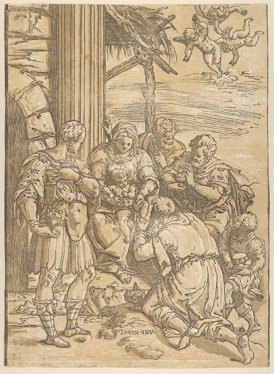 Adoration of the Magi, Andrea Andreani (Italian, Mantua 1558/1559–1629), Chiaroscuro woodcut from three blocks in pale brown 