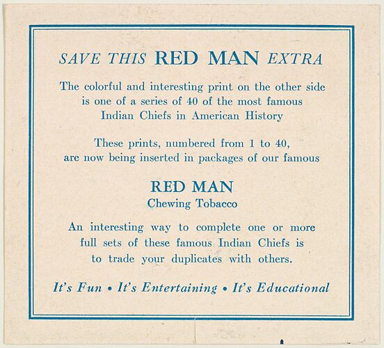 Example of card verso from the Indian Chiefs series (T129) issued by Red Man Chewing Tobacco