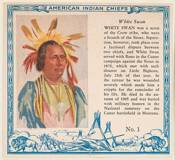 Card No. 1, White Swan, from the Indian Chiefs series (T129) issued by Red Man Chewing Tobacco, Issued by Red Man Chewing Tobacco (American), Commercial color lithograph 