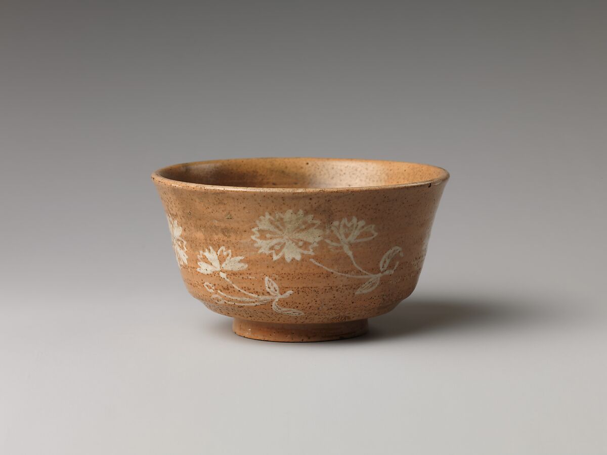 Teabowl, Kikkutei II (?), Clay; thin, light glaze with decoration white underglaze (Sumidagawa pottery), Japan