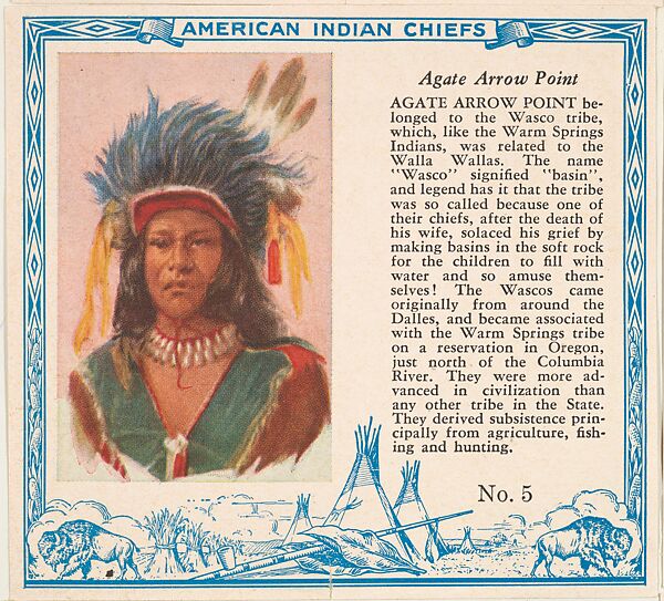Card No. 5, Agate Arrow Point, from the Indian Chiefs series (T129) issued by Red Man Chewing Tobacco, Issued by Red Man Chewing Tobacco (American), Commercial color lithograph 