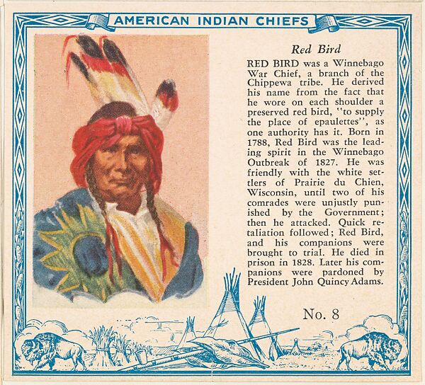 Card No. 8, Red Bird, from the Indian Chiefs series (T129) issued by Red Man Chewing Tobacco, Issued by Red Man Chewing Tobacco (American), Commercial color lithograph 