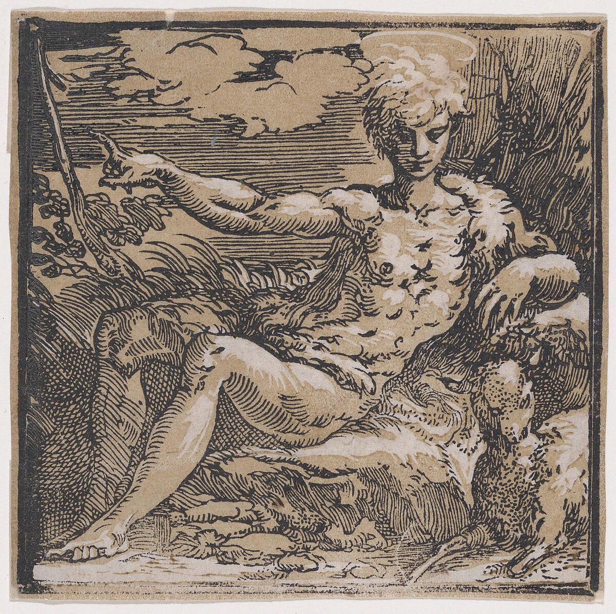 Young Saint John the Baptist in the desert, a lamb at his side, Antonio da Trento (Italian, Trento 1520–1550 Bologna), Chiaroscuro woodcut printed from two blocks in brown ink, third state of three 