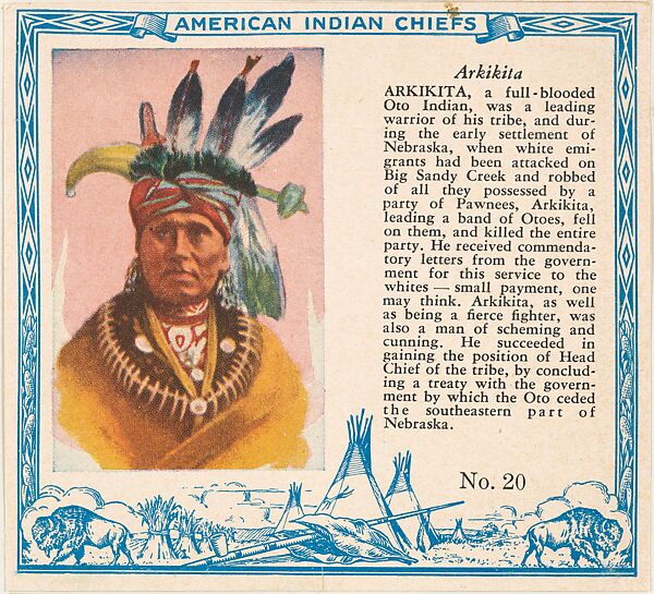 Card No. 20, Arkikita, from the Indian Chiefs series (T129) issued by Red Man Chewing Tobacco, Issued by Red Man Chewing Tobacco (American), Commercial color lithograph 