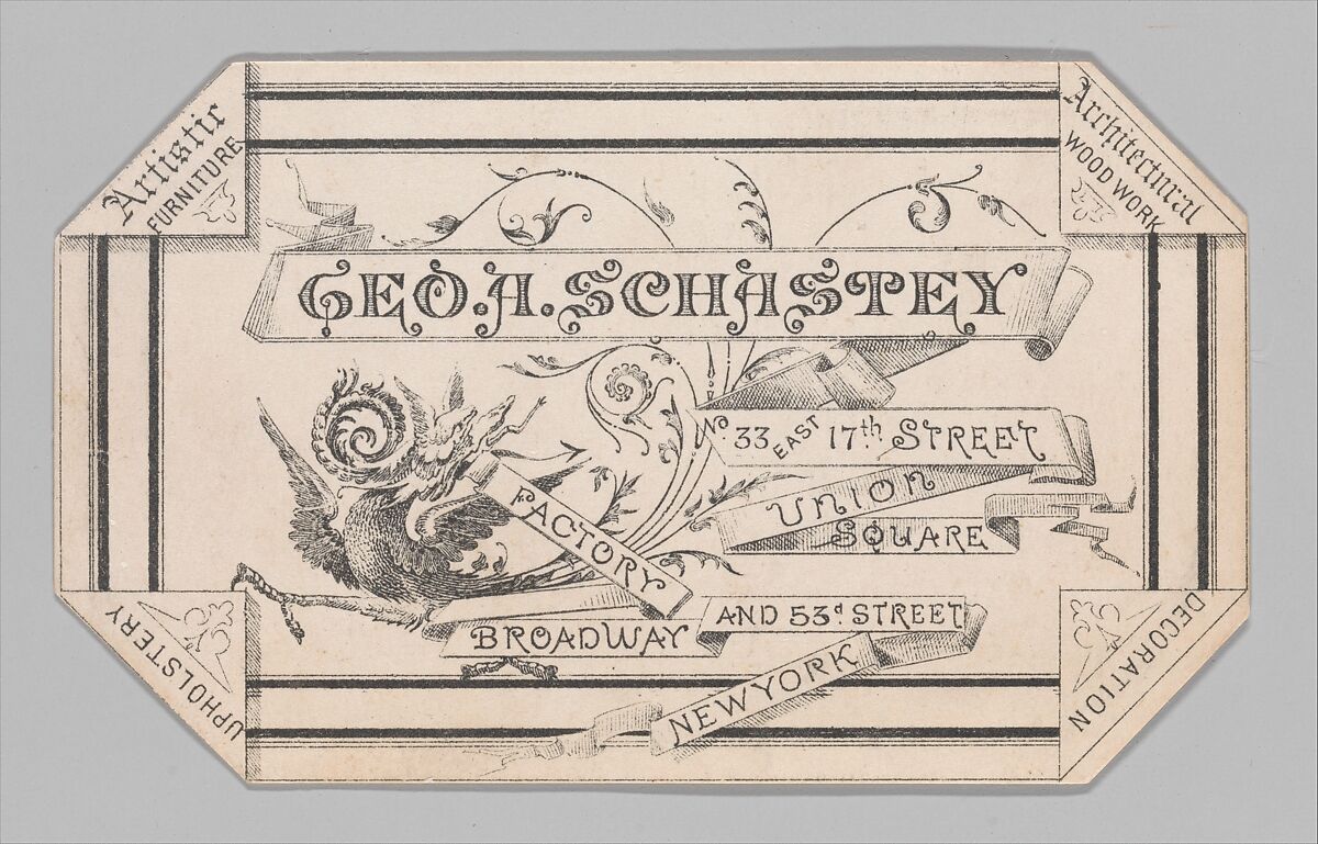 Trade card for George A. Schastey, John Harper Bonnell &amp; Co. (active 1876–84), Ink on paper, American 