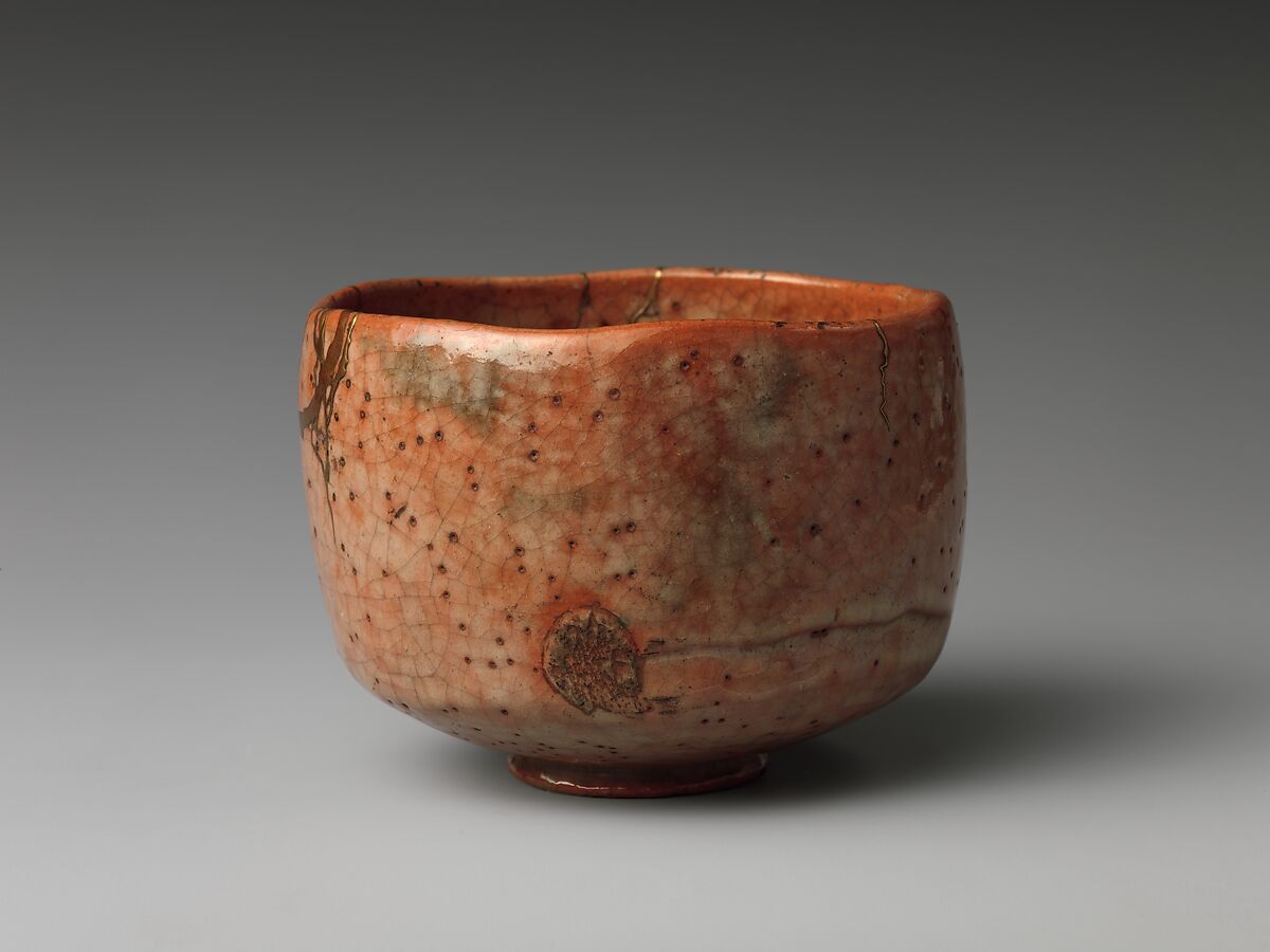 Red Raku Tea Bowl (Chawan), Style of Hon'ami Kōetsu (Japanese, 1558–1637), Stoneware with white glassy glaze (Raku ware); gold lacquer repairs, Japan