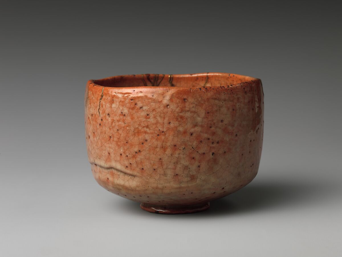 Red Raku Tea Bowl (Chawan), Style of Hon'ami Kōetsu (Japanese, 1558–1637), Stoneware with white glassy glaze (Raku ware); gold lacquer repairs, Japan