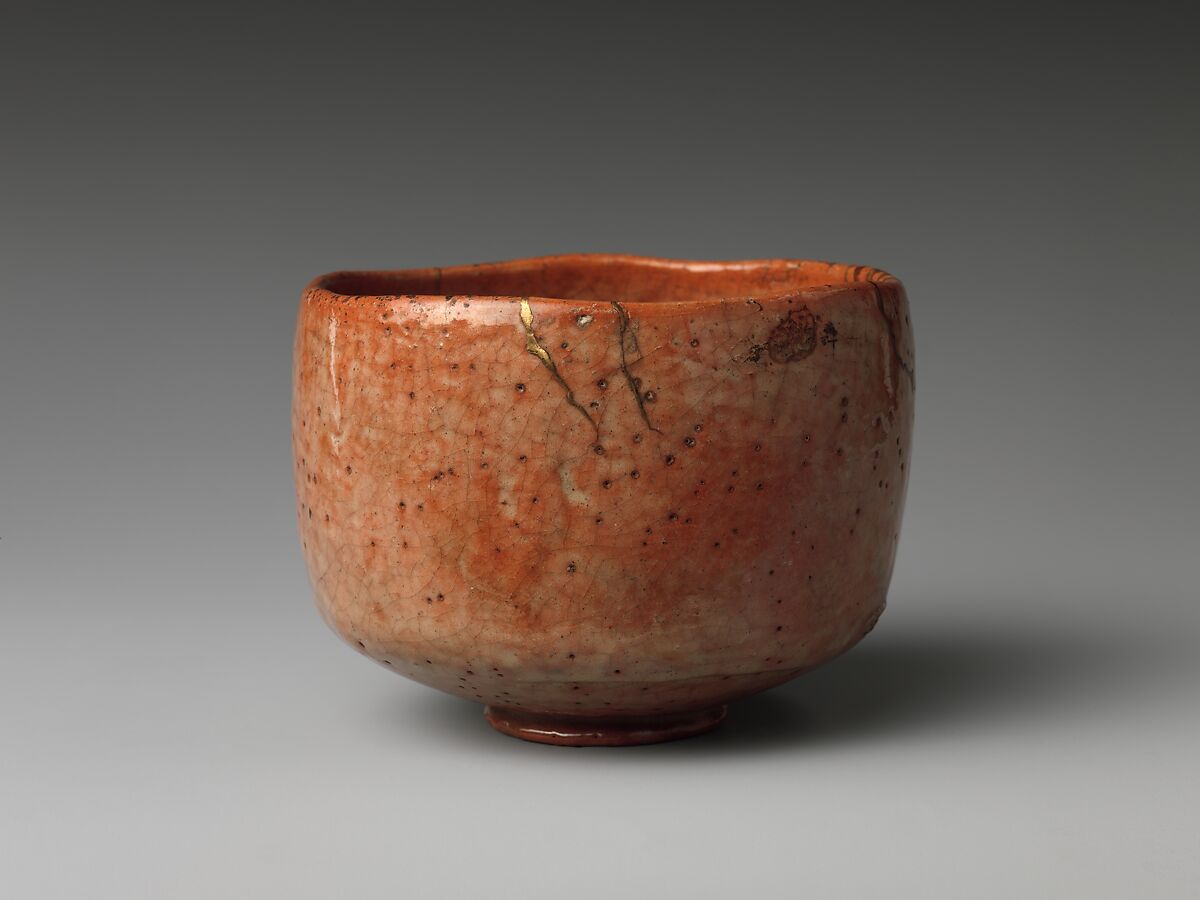 Red Raku Tea Bowl (Chawan), Style of Hon'ami Kōetsu (Japanese, 1558–1637), Stoneware with white glassy glaze (Raku ware); gold lacquer repairs, Japan