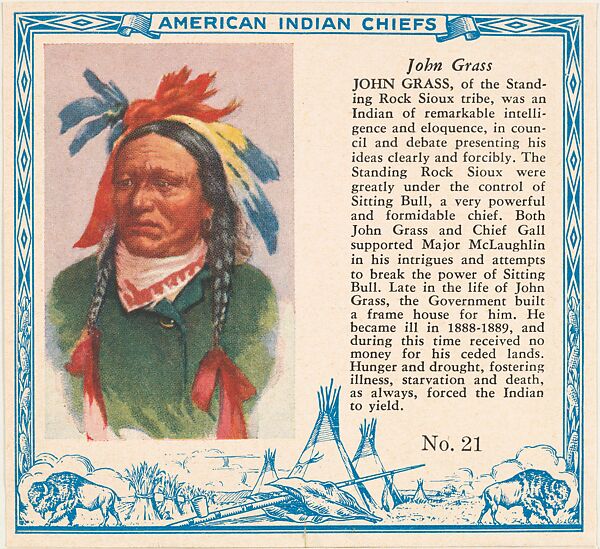Card No. 21, John Grass, from the Indian Chiefs series (T129) issued by Red Man Chewing Tobacco, Issued by Red Man Chewing Tobacco (American), Commercial color lithograph 