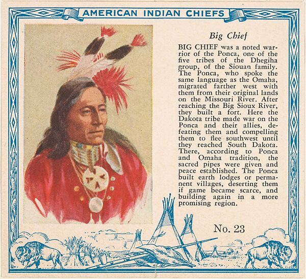 Card No. 23, Big Chief, from the Indian Chiefs series (T129) issued by Red Man Chewing Tobacco, Issued by Red Man Chewing Tobacco (American), Commercial color lithograph 