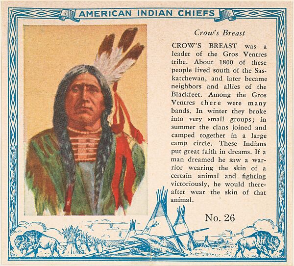 Card No. 26, Crow's Breast, from the Indian Chiefs series (T129) issued by Red Man Chewing Tobacco, Issued by Red Man Chewing Tobacco (American), Commercial color lithograph 