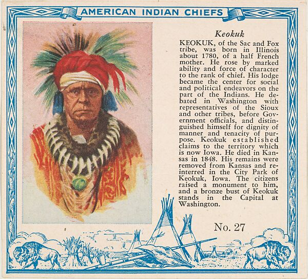 Issued By Red Man Chewing Tobacco Card No 27 Keokuk From The Indian Chiefs Series T129