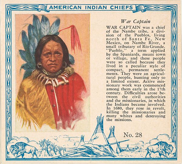 Card No. 28, War Captain, from the Indian Chiefs series (T129) issued by Red Man Chewing Tobacco, Issued by Red Man Chewing Tobacco (American), Commercial color lithograph 