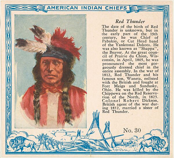 Card No. 30, Red Thunder, from the Indian Chiefs series (T129) issued by Red Man Chewing Tobacco, Issued by Red Man Chewing Tobacco (American), Commercial color lithograph 