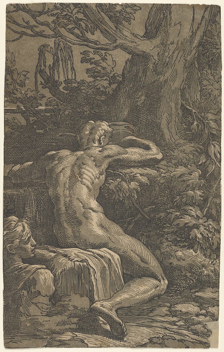 A seated man viewed from behind (Narcissus), Antonio da Trento (Italian, Trento 1520–1550 Bologna), Chiaroscuro woodcut from two blocks in dark green 