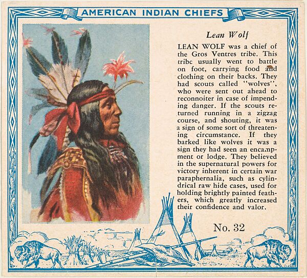 Card No. 32, Lean Wolf, from the Indian Chiefs series (T129) issued by Red Man Chewing Tobacco, Issued by Red Man Chewing Tobacco (American), Commercial color lithograph 
