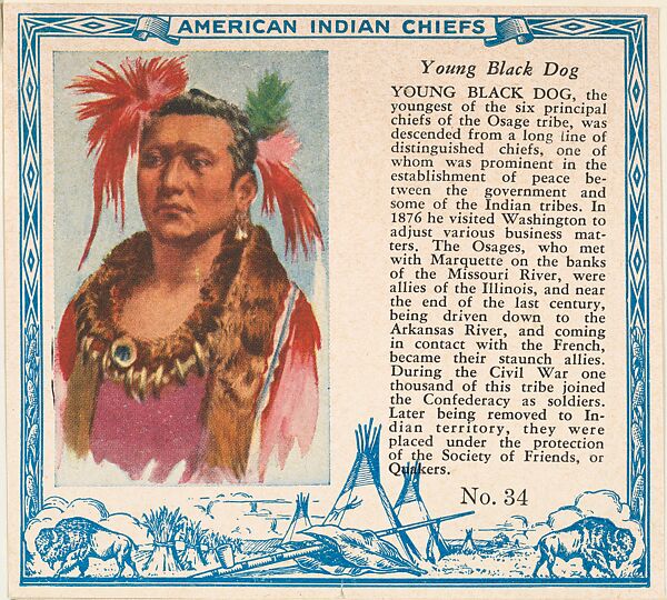 Card No. 34, Young Black Dog, from the Indian Chiefs series (T129) issued by Red Man Chewing Tobacco, Issued by Red Man Chewing Tobacco (American), Commercial color lithograph 