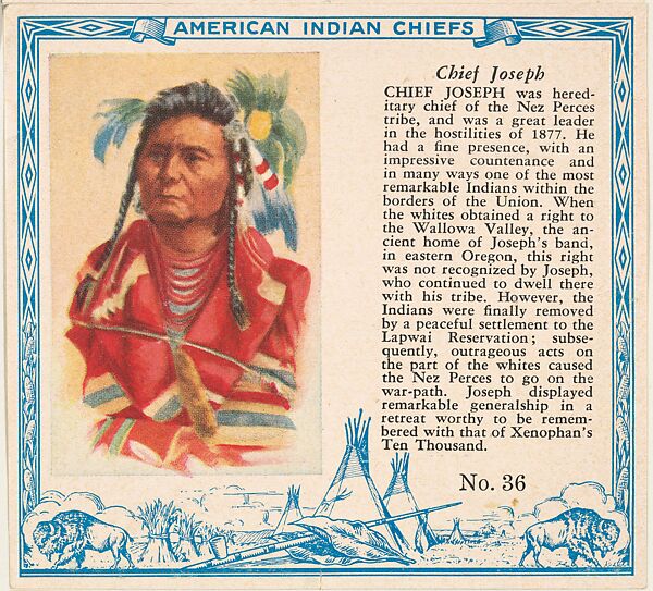 Card No. 36, Chief Joseph, from the Indian Chiefs series (T129) issued by Red Man Chewing Tobacco, Issued by Red Man Chewing Tobacco (American), Commercial color lithograph 