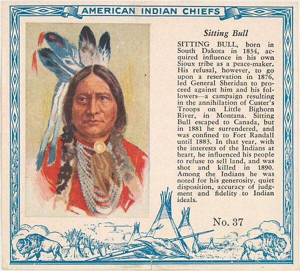 Card No. 37, Sitting Bull, from the Indian Chiefs series (T129) issued by Red Man Chewing Tobacco, Issued by Red Man Chewing Tobacco (American), Commercial color lithograph 