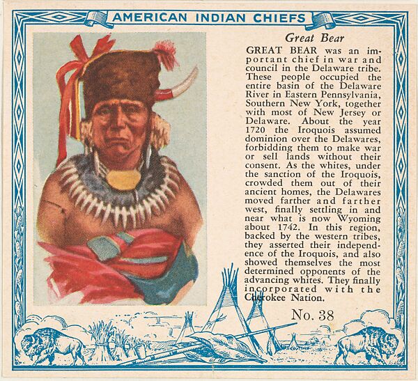 Card No. 38, Great Bear, from the Indian Chiefs series (T129) issued by Red Man Chewing Tobacco, Issued by Red Man Chewing Tobacco (American), Commercial color lithograph 