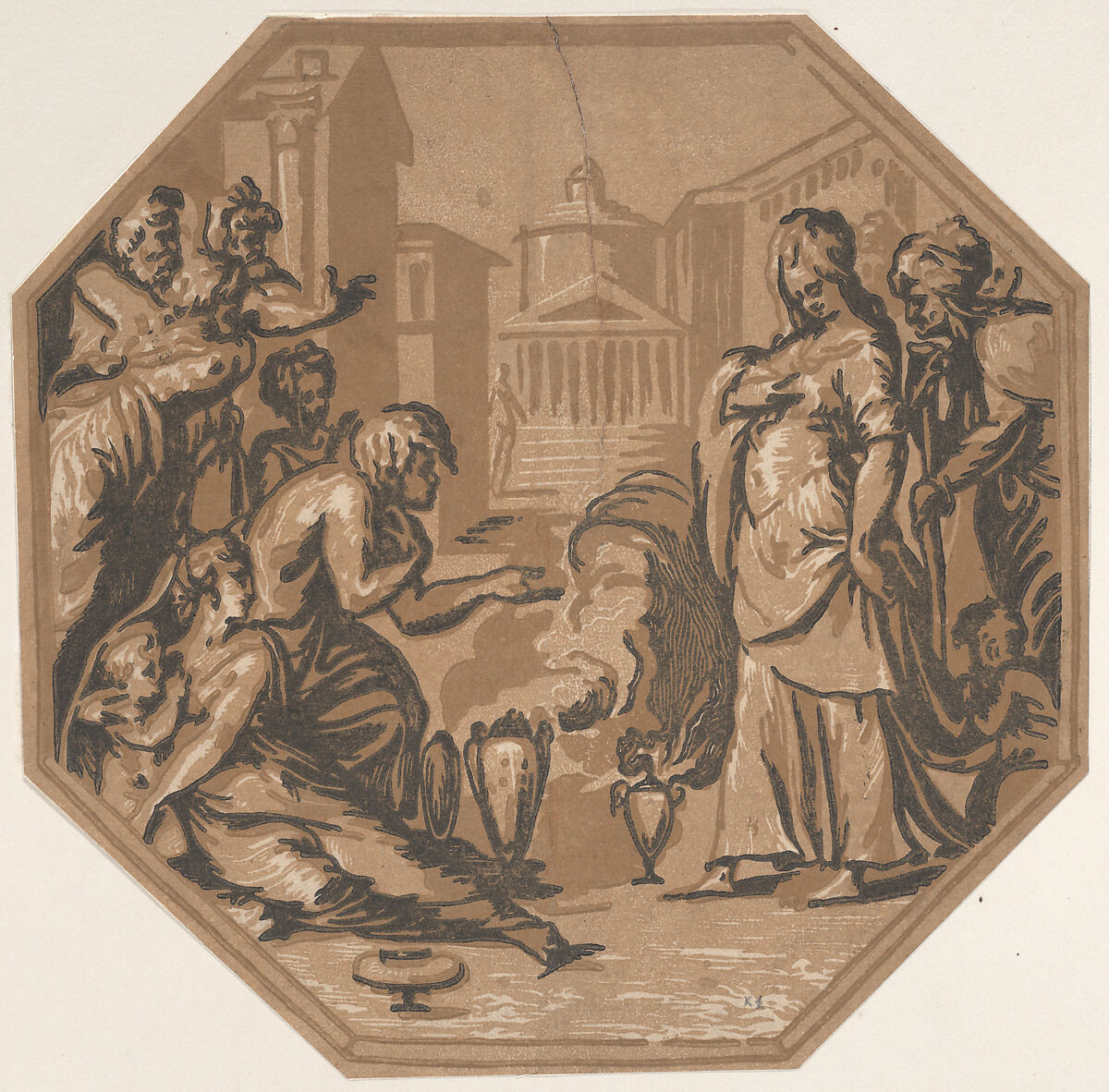 People paying homage to Psyche's beauty, Niccolò Vicentino (Italian, active ca. 1510–ca. 1550), Chiaroscuro woodcut from three blocks in brown, probably first state 