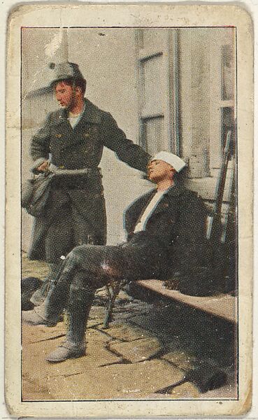 Card No. 19, Wounded Belgian Soldier after Battle of Liege, from the World War I Scenes series (T121) issued by Sweet Caporal Cigarettes, Issued by American Tobacco Company, Photolithograph 