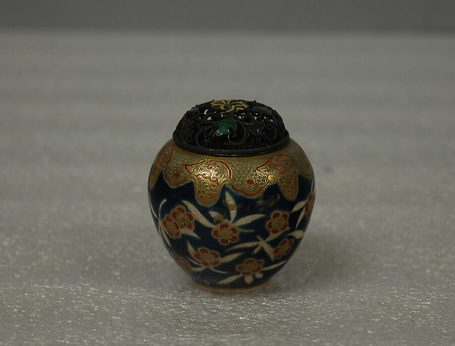 Small Covered Jar with Design of Cherry Blossoms and Lambrequin Border, Porcelain with polychrome and gold overglaze enamels and a silver cover (Kyoto ware), Japan