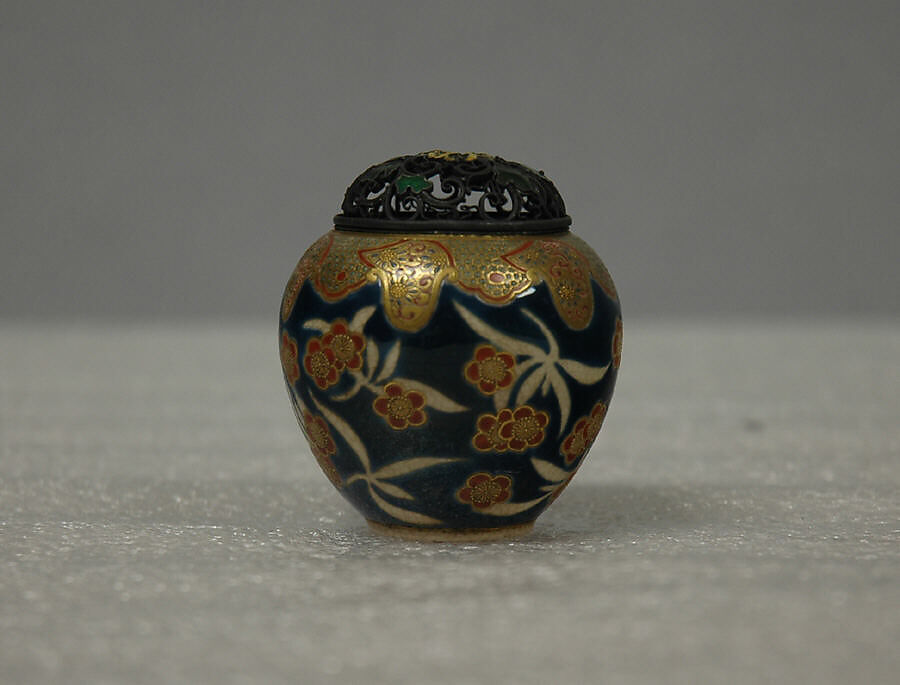 Small Covered Jar with Design of Cherry Blossoms and Lambrequin Border, Porcelain with polychrome and gold overglaze enamels and a silver cover (Kyoto ware), Japan 