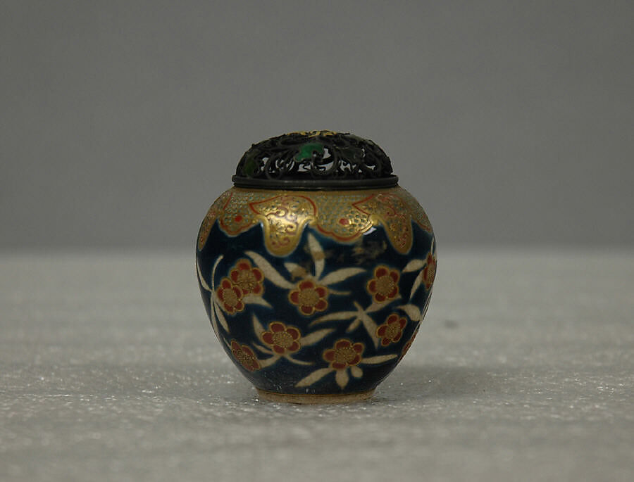 Small Covered Jar with Design of Cherry Blossoms and Lambrequin Border, Porcelain with polychrome and gold overglaze enamels and a silver cover (Kyoto ware), Japan