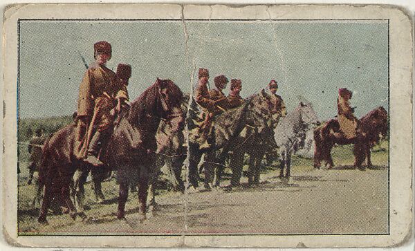 Card No. 9, Russian Cossacks are on the German Frontier, from the World War I Scenes series (T121) issued by Sweet Caporal Cigarettes, Issued by American Tobacco Company, Photolithograph 