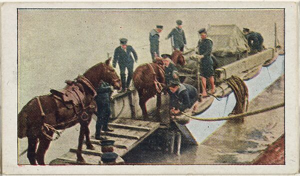 Card No. 17, The English Navy Service Corps Embarking with Gun and Horses at South-Sea, England, from the World War I Scenes series (T121) issued by Sweet Caporal Cigarettes, Issued by American Tobacco Company, Photolithograph 