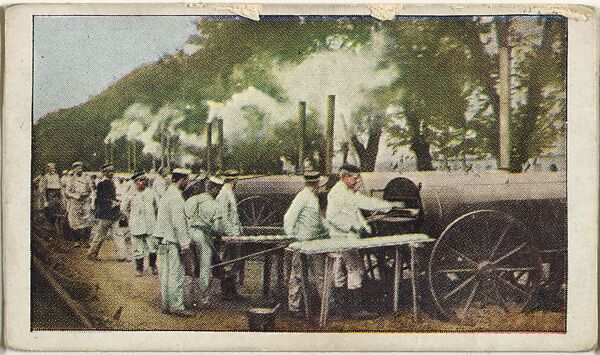 Card No. 22, Baking 16,000 Loaves of Bread for Daily Consumption in Germany Army, from the World War I Scenes series (T121) issued by Sweet Caporal Cigarettes, Issued by American Tobacco Company, Photolithograph 