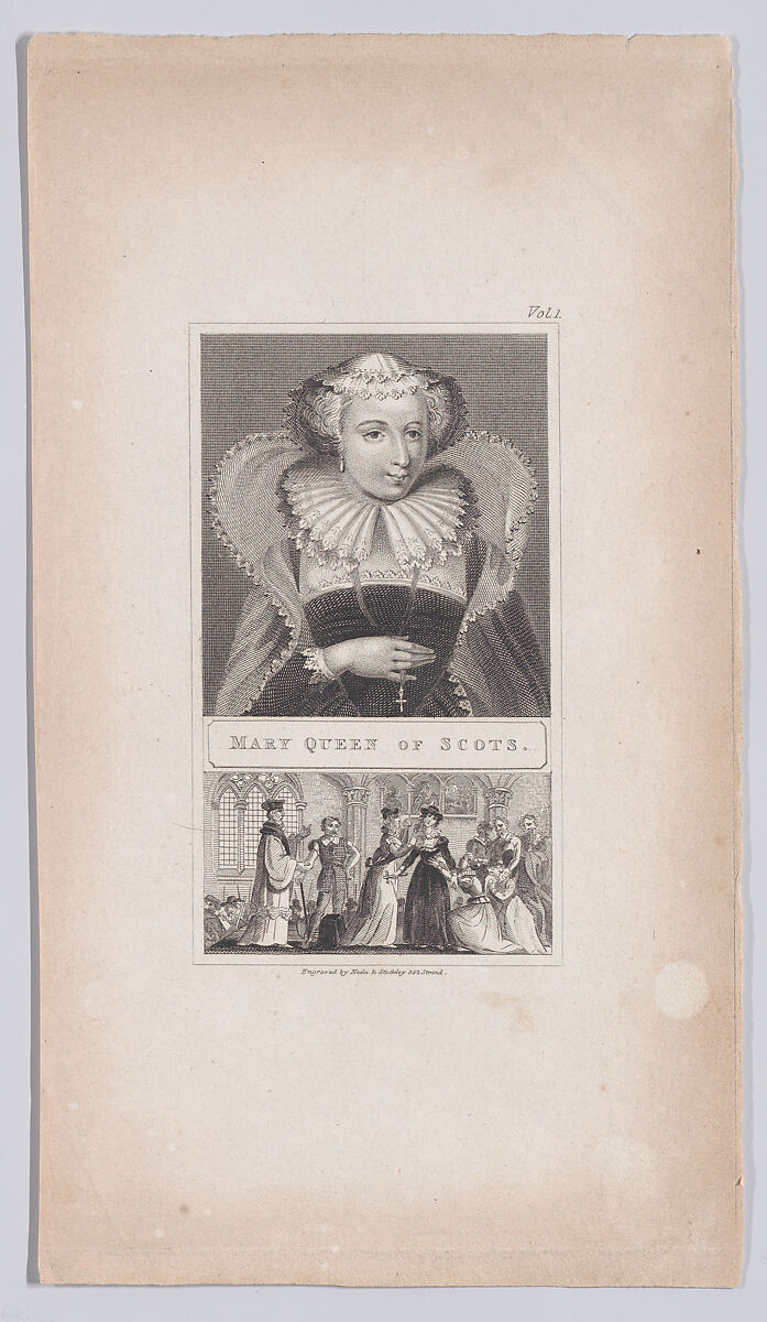 Mary, Queen of Scots, with a small scene of the queen on the scaffold, being prepared by her ladies for execution, James Joshua Neele (British, 1791–1868), Etching and stipple 