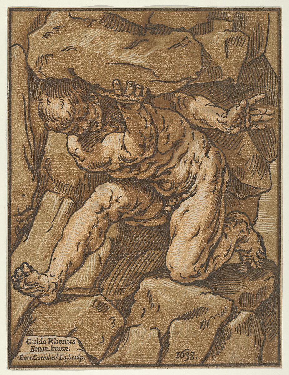 A giant supporting a rock, Bartolomeo Coriolano (Italian, Bologna ca. 1599–ca. 1676 Bologna (?)), Chiaroscuro woodcut from five blocks in beige, gray, brown, dark brown, and black ink; Version B, fifth state of eight, variant b (Takahatake) 
