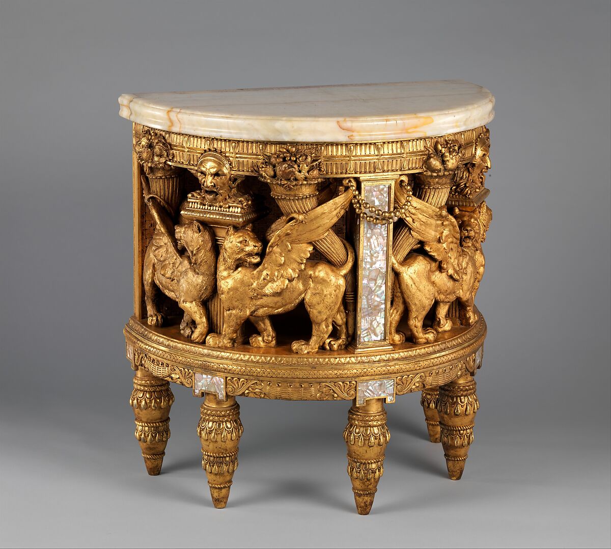 Console from the drawing room of the William H. Vanderbilt House, Herter Brothers (German, active New York, 1864–1906), Gilded wood, mother-of-pearl, Egyptian alabaster, and composition ornament, American