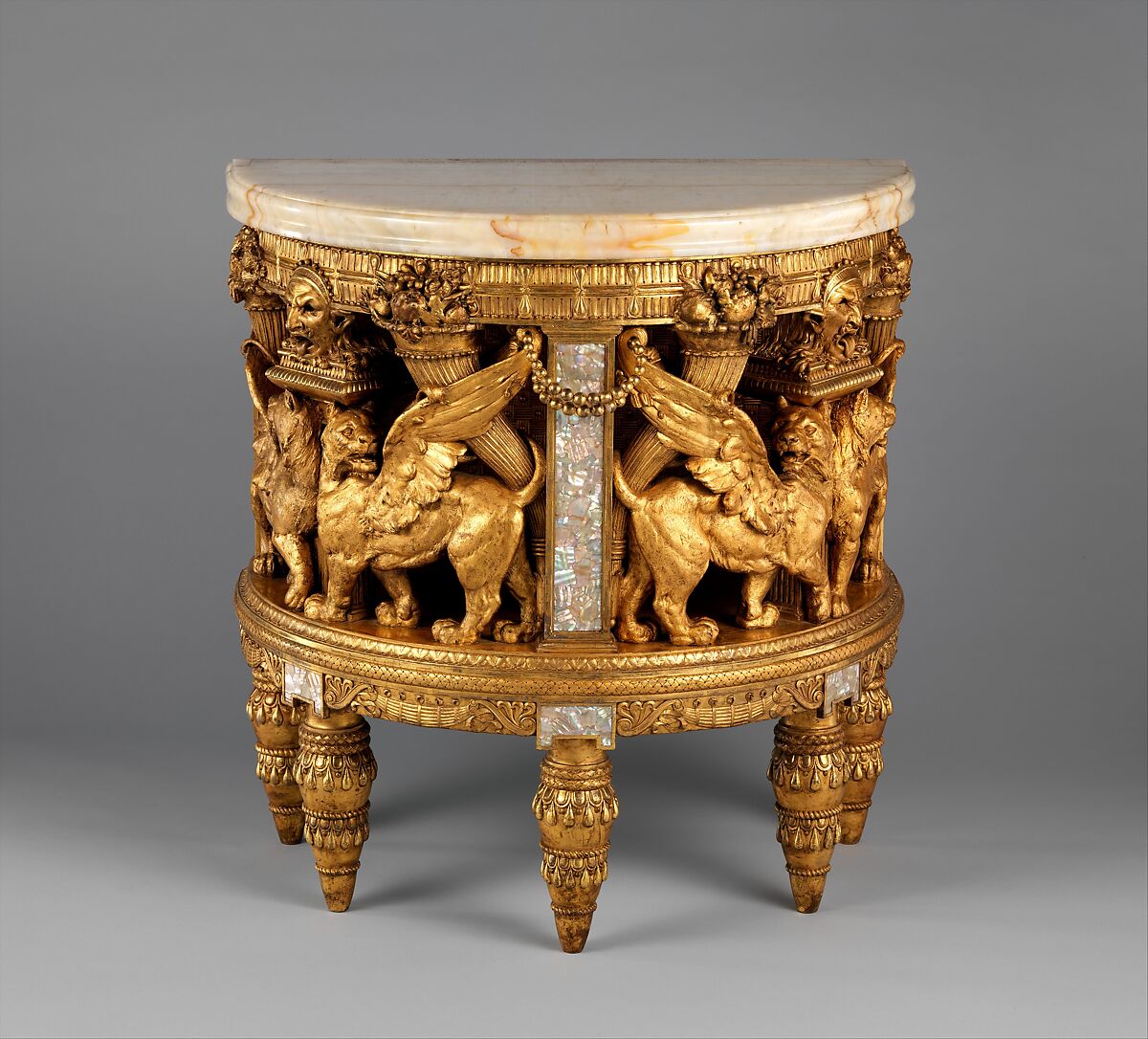 Console from the drawing room of the William H. Vanderbilt House, Herter Brothers (German, active New York, 1864–1906), Gilded wood, mother-of-pearl, Egyptian alabaster, and composition ornament, American 