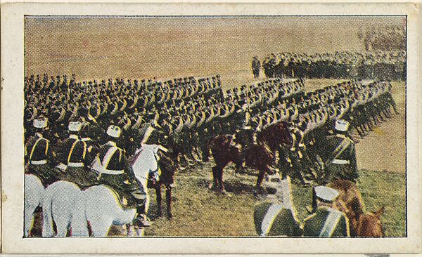 Card No. 33, Russian Soldiers on a Forced March to Lemnix, from the World War I Scenes series (T121) issued by Sweet Caporal Cigarettes, Issued by American Tobacco Company, Photolithograph 