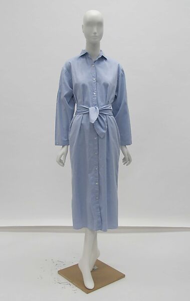 Dress, (a, b) Perry Ellis (American, founded 1978), cotton, leather, mother-of-pearl, metal, American 