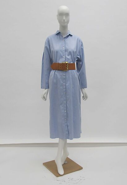 Dress, (a, b) Perry Ellis (American, founded 1978), cotton, leather, mother-of-pearl, metal, American