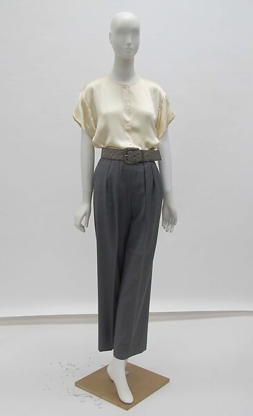 Ensemble, Perry Ellis (American, founded 1978), wool, silk, leather, , mother-of-pearl, metal, American