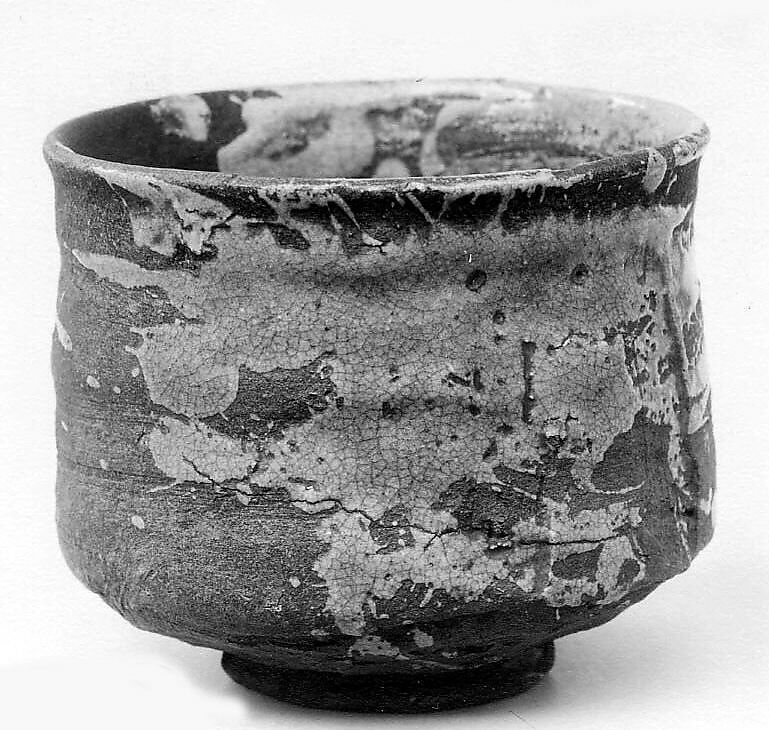 Teabowl, Roughly potted; of coarse clay showing ridges and gashes; dark brown with splashes of crackled grayish glaze (Awata ware, Asahi type), Japan 