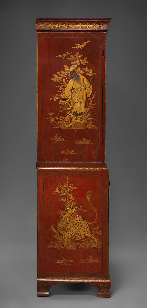 Secretary cabinet, Oak, pine, and walnut decorated in red, gold, and silver japanning; brass; mirror glass, British