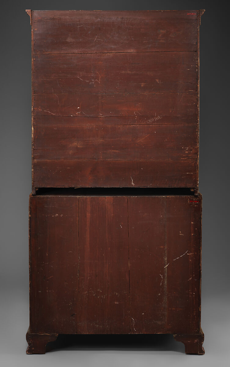 Secretary cabinet, Oak, pine, and walnut decorated in red, gold, and silver japanning; brass; mirror glass, British